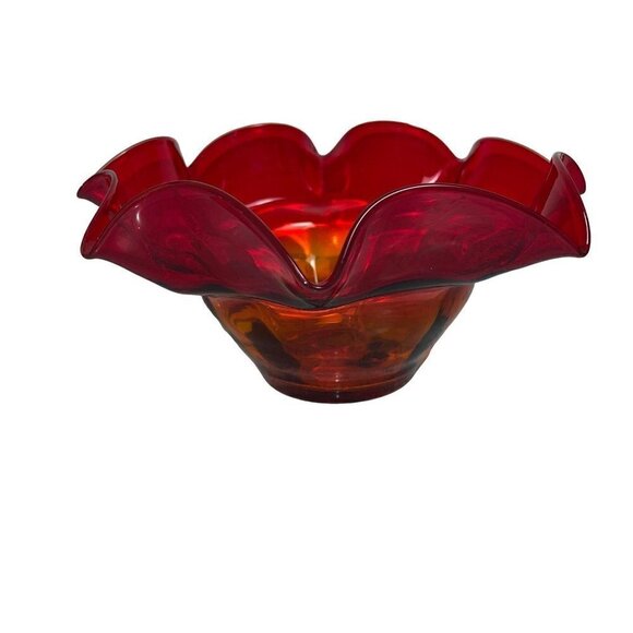Blenko Vintage Amberina Ruffle Bowl Red Size Large Mid Century Modern MCM Orange - Picture 1 of 12